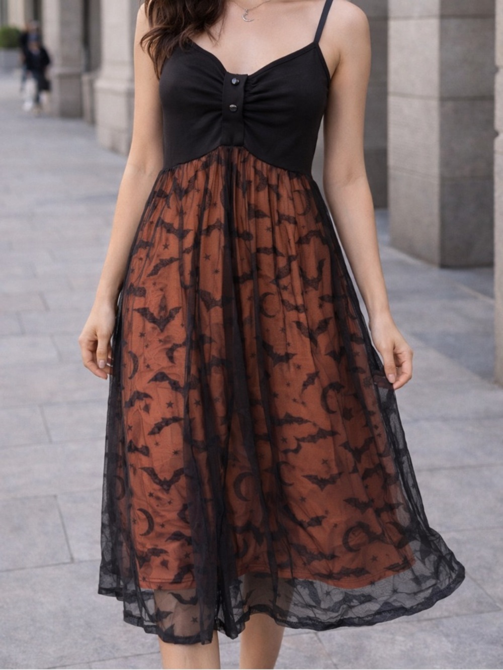 Rosegal 1X Bat Print Mesh Dress Black Orange Gothic Halloween Plus Size Bat
